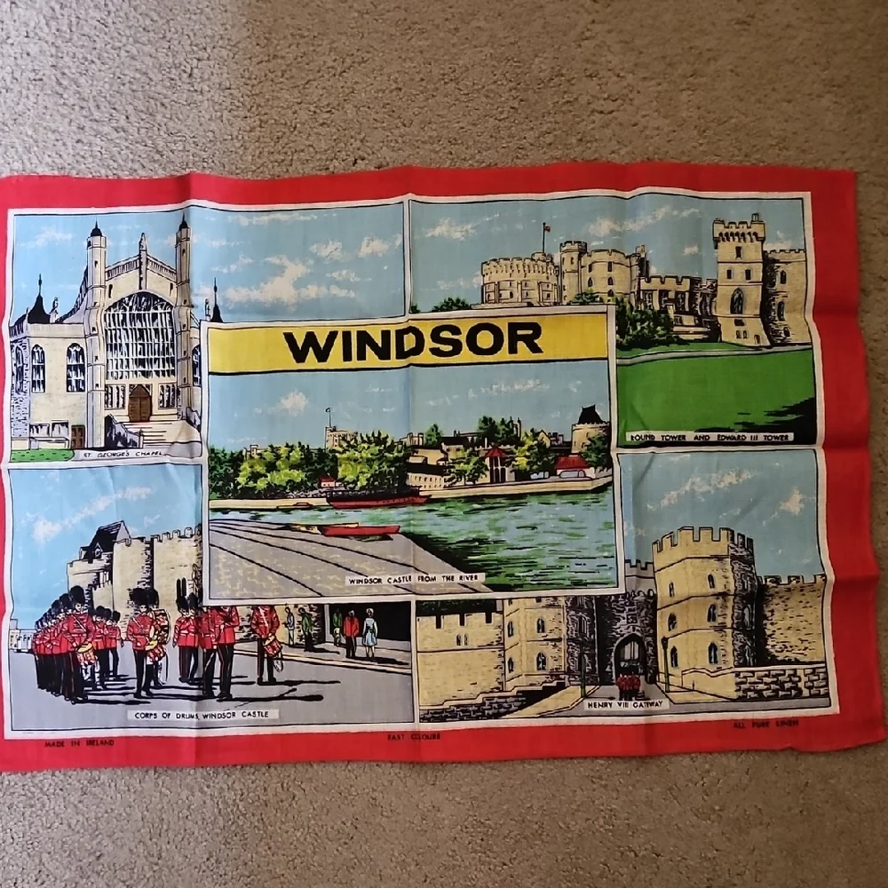 Windsor Souvenir Linen Tea Towel with Red Border